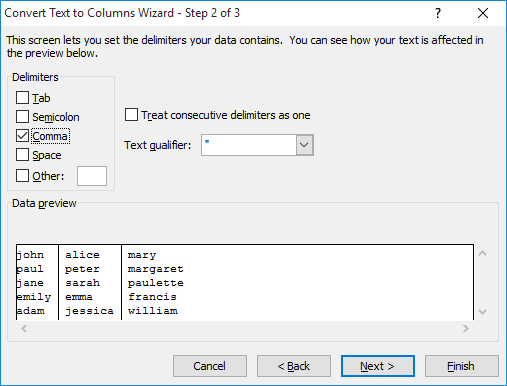 Screen capture of Convert Text to Columns wizard in Microsoft Excel.