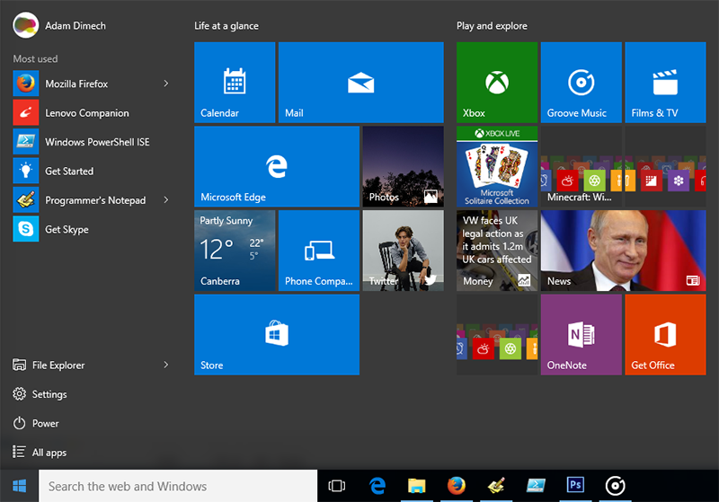 Screen capture of Windows 10 start menu with tiles showing Flickr pictures and Tweets.