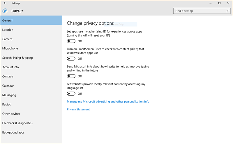 Screen capture of Windows 10 privacy options window.