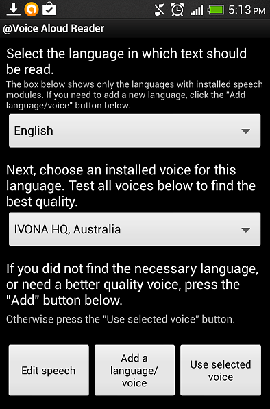 Screen capture of @Voice Aloud reader showing "Add language/voice" button