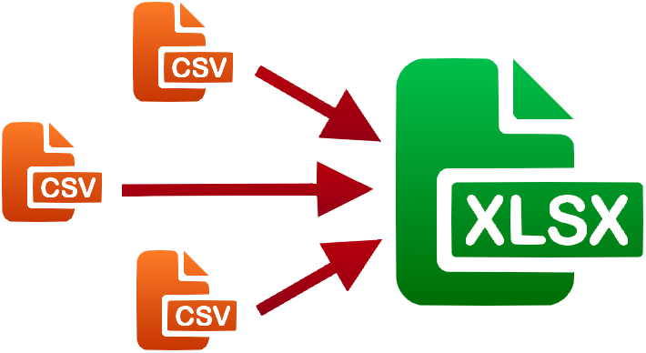 Three CSV icons with arrows pointing to a single XLSX icon.
