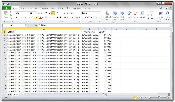 Screen capture of Excel showing a table of file data