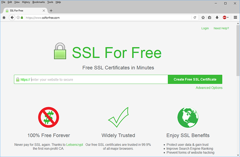 Screen capture of the SSL For Free website.