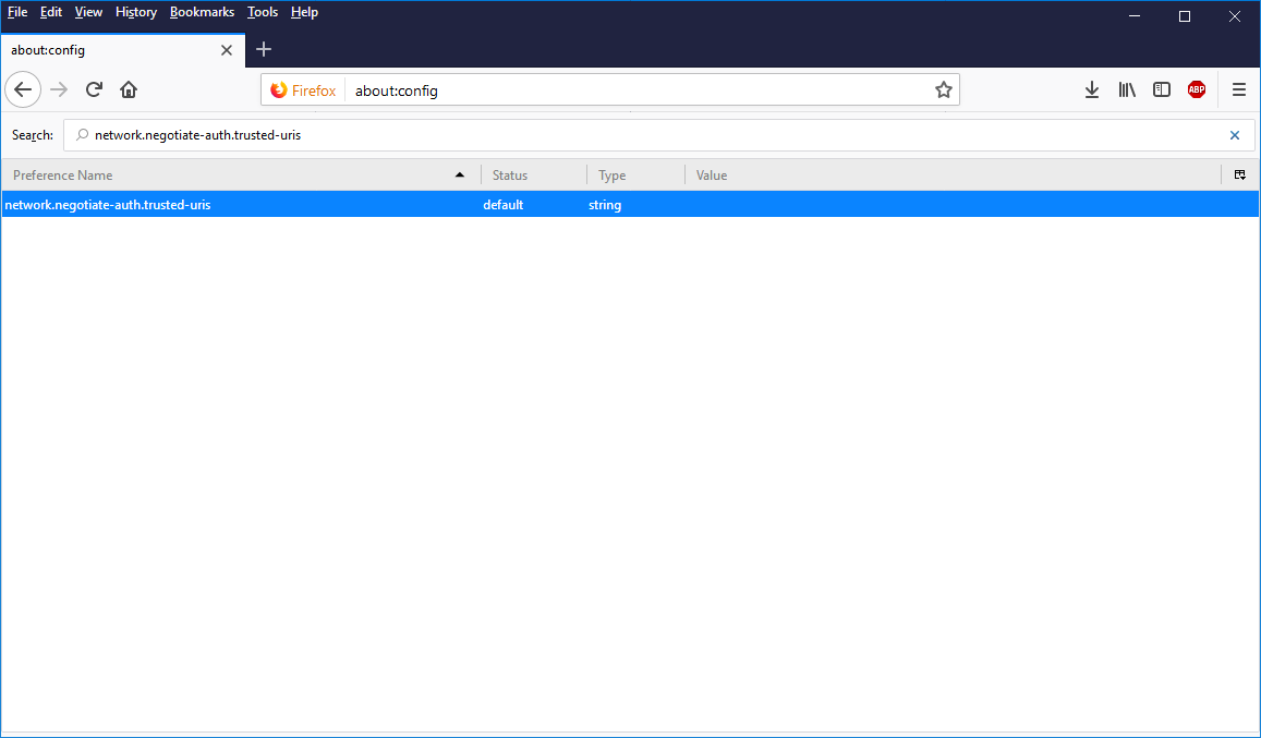 Screen capture of the about:config window in Firefox