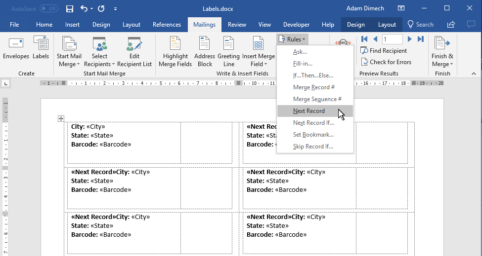 Screen capture of Microsoft Word mail merge commands.