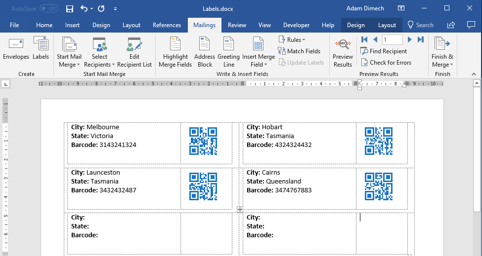 Screen shot of Microsoft Word document with QR codes.