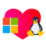 Micorosoft logo and Linux logos with a heart behind