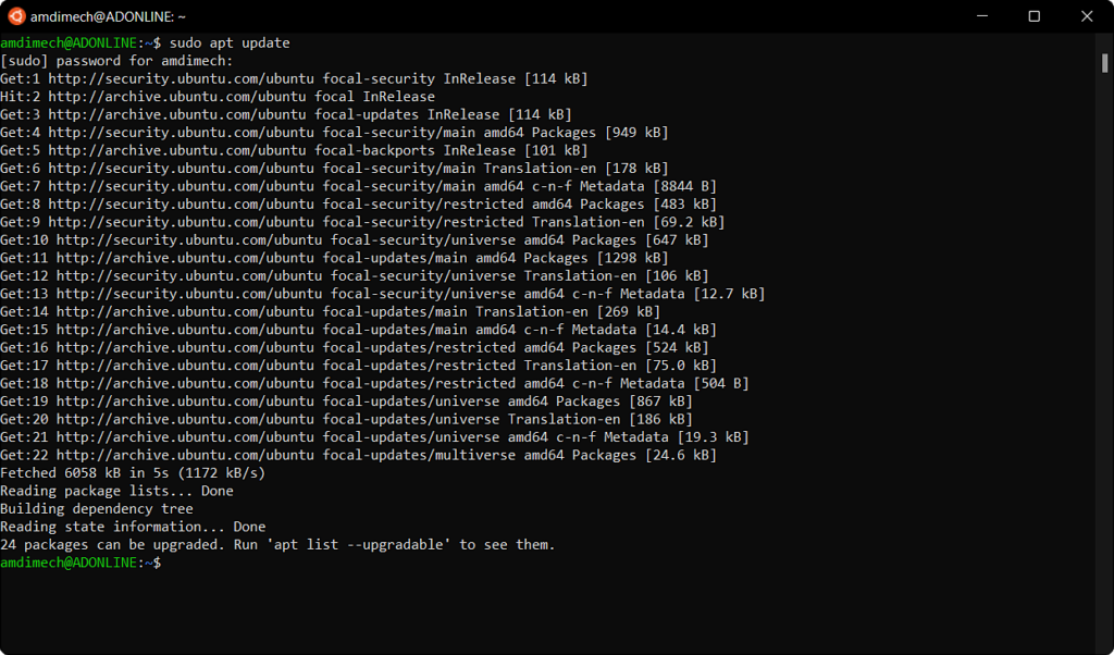 Screen capture of Ubuntu command prompt in Windows 11
